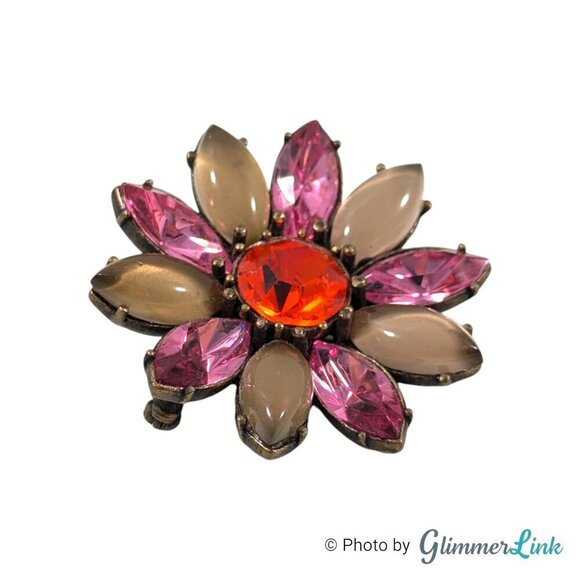NWT Talbots Pink Red Tan Rhinestones Flower Brass Tone Brooch - Picture 2 of 8